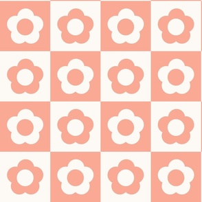 Checkers with Daisies, Salmon Pink, Large Scale 