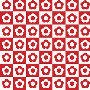 Checkers with Daisies, Red, Medium Scale 