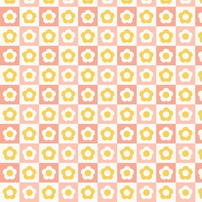 Checkers with Daisies, Salmon Pink, Yellow and White, Small Scale