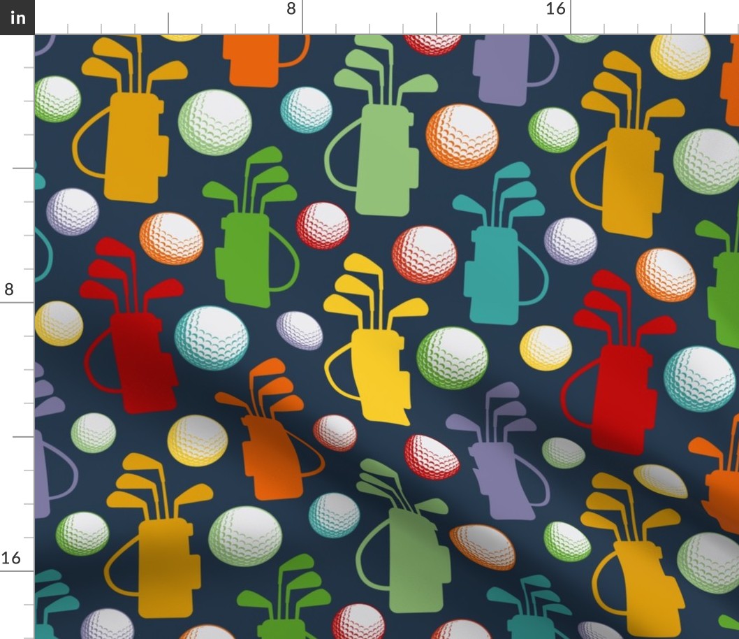 Large Scale Golf Bags and Balls Retro Rainbow Colors on Navy