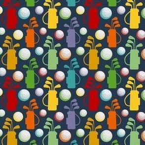 Small Scale Golf Bags and Balls Retro Rainbow Colors on Navy