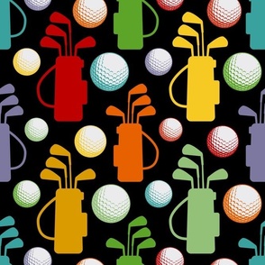Large Scale Golf Bags and Balls Retro Rainbow Colors on Black