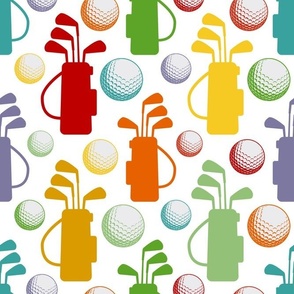 Large Scale Golf Bags and Balls Retro Rainbow Colors on White