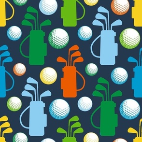 Large Scale Golf Bags and Balls Green Blue Yellow and Orange on Navy