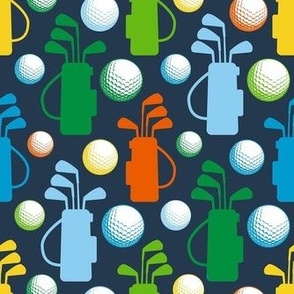 Medium Scale Golf Bags and Balls Green Blue Yellow and Orange on Navy