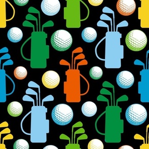 Large Scale Golf Bags and Balls Green Blue Yellow and Orange on Black