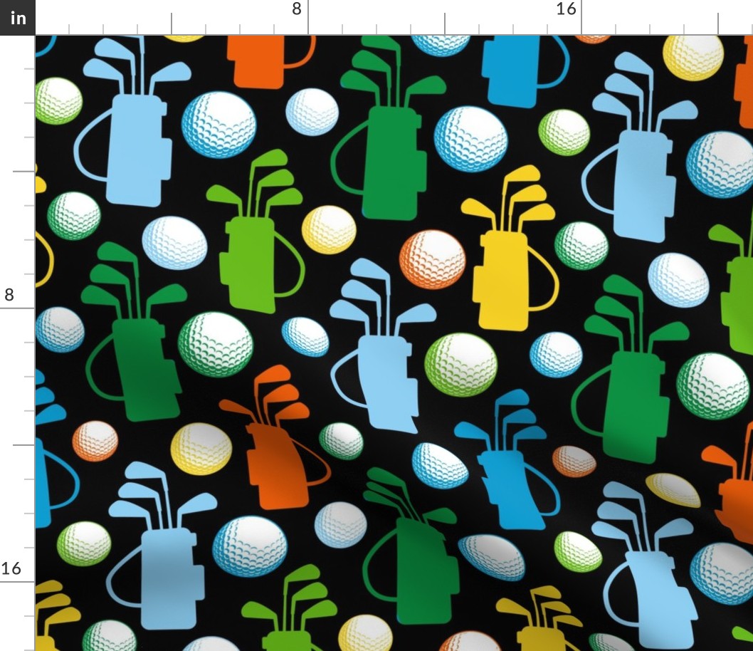 Large Scale Golf Bags and Balls Green Blue Yellow and Orange on Black