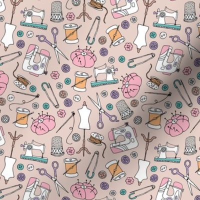 I love to sew - handmade sewing machine stitch needle and DIY supply illustration vintage creative seamstress fashion school theme pink orange teal on tan SMALL