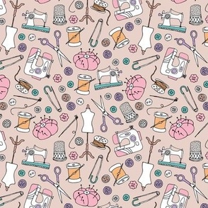 I love to sew - handmade sewing machine stitch needle and DIY supply illustration vintage creative seamstress fashion school theme pink orange teal on tan SMALL