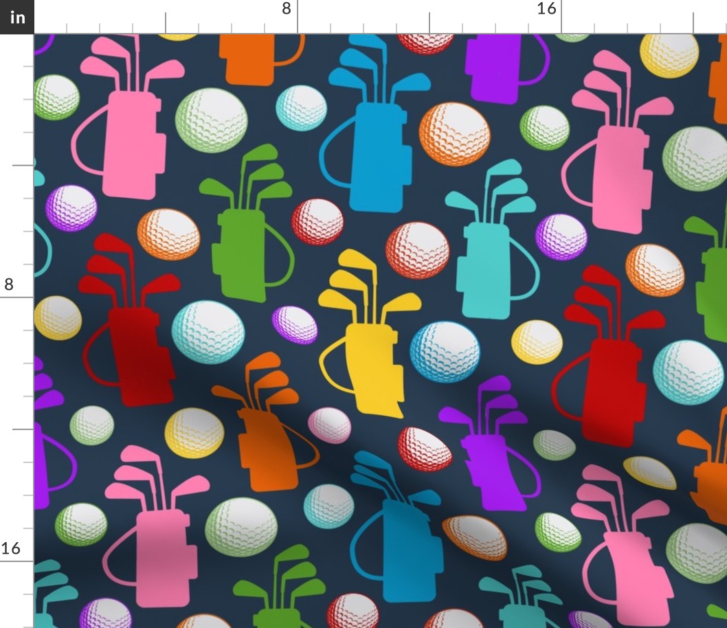 Large Scale Golf Bags and Balls Candy Rainbow Colors on Navy