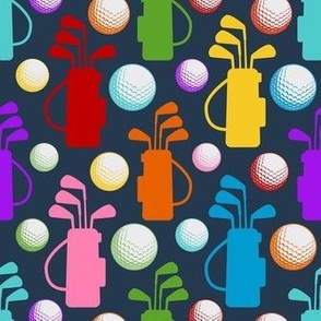 Medium Scale Golf Bags and Balls Candy Rainbow Colors on Navy