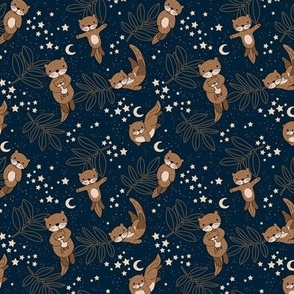Dreamy otters - Starry night river wild fish and leaves adorable woodland creatures with stars and moon neutral beige cinnamon on navy SMALL  SMALL