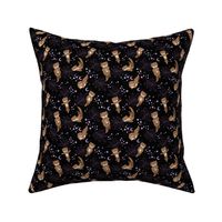 Dreamy otters - Starry night river wild fish and leaves adorable woodland creatures with stars and moon neutral lilac purple on black SMALL