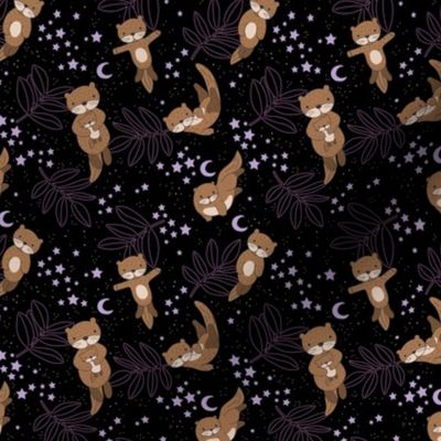 Dreamy otters - Starry night river wild fish and leaves adorable woodland creatures with stars and moon neutral lilac purple on black SMALL