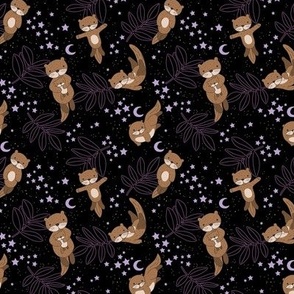 Dreamy otters - Starry night river wild fish and leaves adorable woodland creatures with stars and moon neutral lilac purple on black SMALL