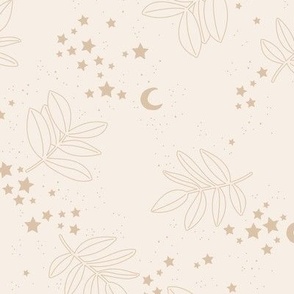 Stars and moon - botanical night with sparkling stars and leaves boho dream latte beige on ivory
