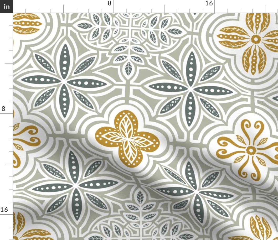 Talavera Style Tile - Silver Green and Ochre (large scale)