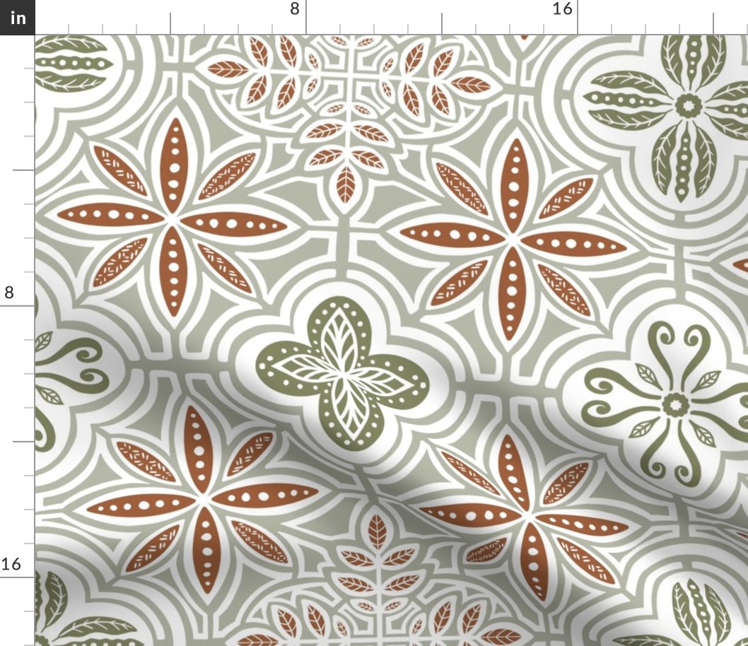 Talavera Style Tile - Dusty Green and Rust (large scale)
