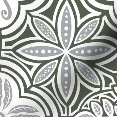 Talavera Style Tile - Dusty Forest Green and Grey (large scale)