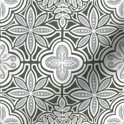 Talavera Style Tile - Dusty Forest Green and Grey (medium scale)