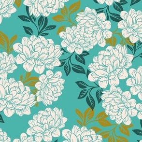 Medium Scale - White Vintage Peony Silhouettes on Teal Background