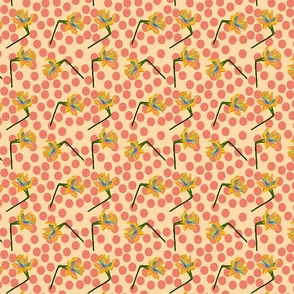 Maximalist Daffodil Multi Color Rainbow Design Coral Pink Polka Dots Small Scale 