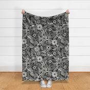 01 Soft Spring- Victorian Floral- Off White on Black- Climbing Vine with Flowers-Petal Signature Solids Coordinate- Black and White- Natural- Neutral- Nursery Wallpaper- William Morris- Extra Large
