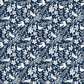 White birds and flowers on blue