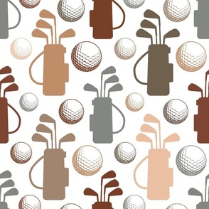 Large Scale Golf Club Bags and Balls Earth Tones on White