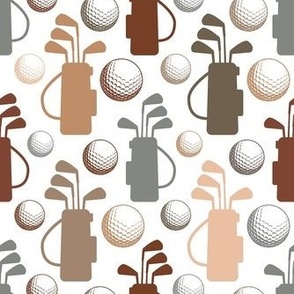 Medium Scale Golf Club Bags and Balls Earth Tones on White