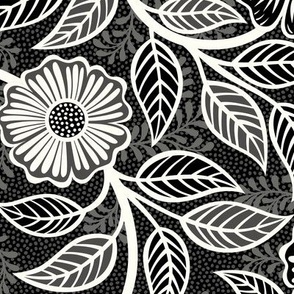 01 Soft Spring- Victorian Floral- Off White on Black- Climbing Vine with Flowers-Petal Signature Solids Coordinate- Black and White- Natural- Neutral- Nursery Wallpaper- William Morris -Medium