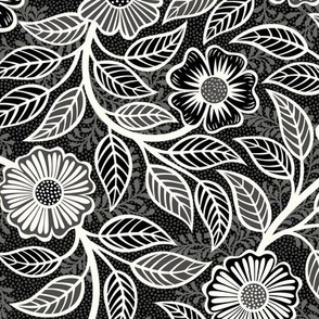 01 Soft Spring- Victorian Floral- Off White on Black- Climbing Vine with Flowers-Petal Signature Solids Coordinate- Black and White- Natural- Neutral- Nursery Wallpaper- William Morris -Small