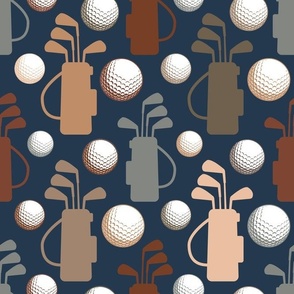 Large Scale Golf Club Bags and Balls Earth Tones on Navy