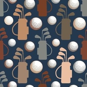 Medium Scale Golf Club Bags and Balls Earth Tones on Navy