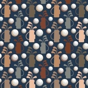 Small Scale Golf Club Bags and Balls Earth Tones on Navy