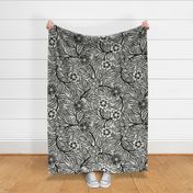 01 Soft Spring- Victorian Floral-Black  on Off White- Climbing Vine with Flowers-Petal Signature Solids Coordinate- Black and White- Natural- Neutral- William Morris Wallpaper- Extra Large