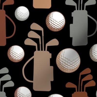 Large Scale Golf Club Bags and Balls Earth Tones on Black