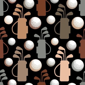 Large Scale Golf Club Bags and Balls Earth Tones on Black