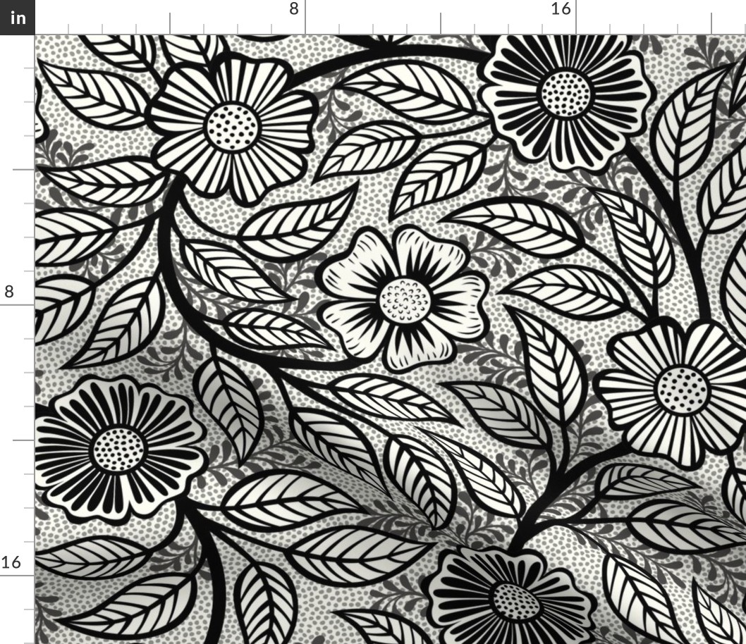 01 Soft Spring- Victorian Floral-Black  on Off White- Climbing Vine with Flowers-Petal Signature Solids Coordinate- Black and White- Natural- Neutral- William Morris Wallpaper- Large