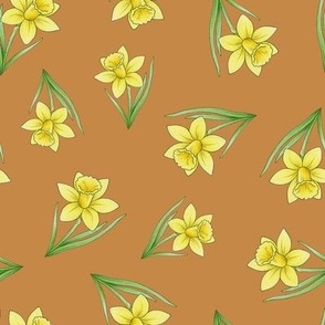 Daffodils ditsy on caramel - medium scale
