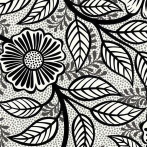 01 Soft Spring- Victorian Floral-Black  on Off White- Climbing Vine with Flowers-Petal Signature Solids Coordinate- Black and White- Natural- Neutral- William Morris Wallpaper- Medium