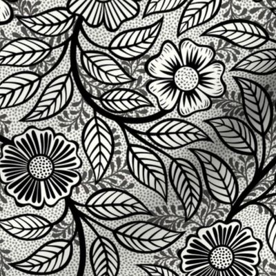 01 Soft Spring- Victorian Floral-Black  on Off White- Climbing Vine with Flowers-Petal Signature Solids Coordinate- Black and White- Natural- Neutral- William Morris Wallpaper- Small