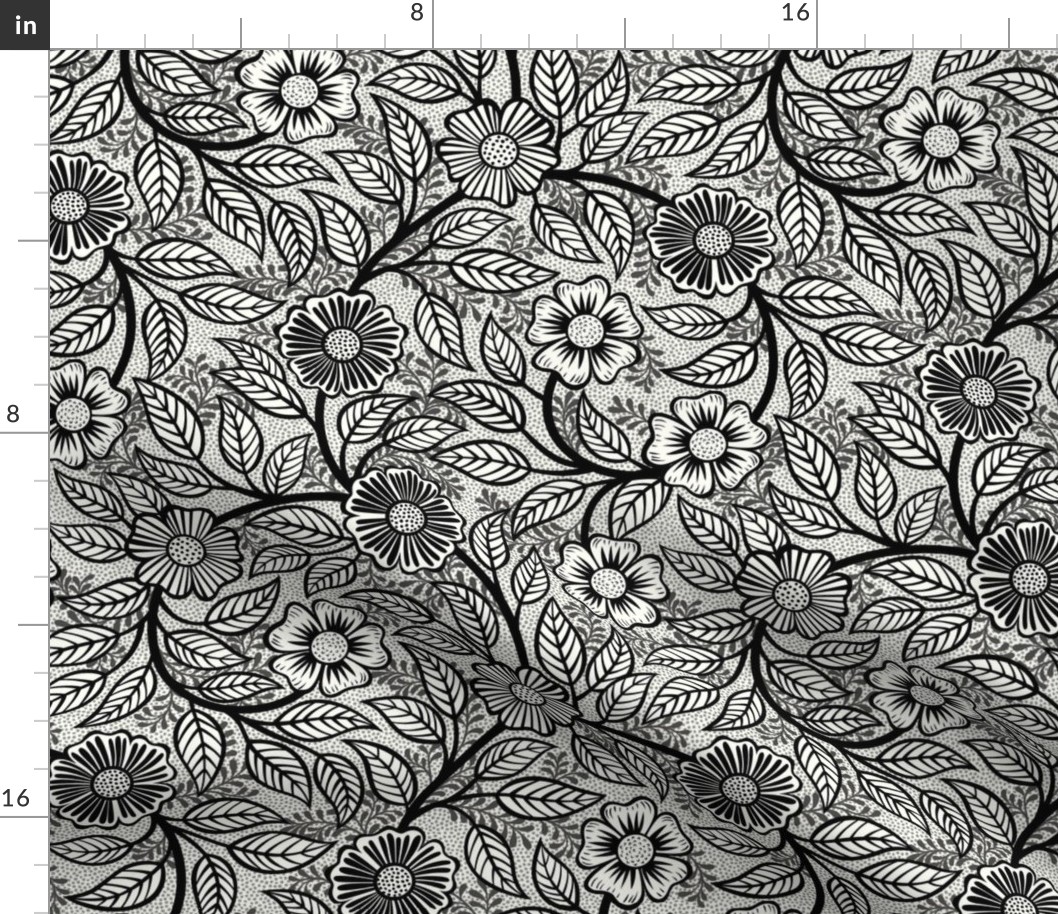 01 Soft Spring- Victorian Floral-Black  on Off White- Climbing Vine with Flowers-Petal Signature Solids Coordinate- Black and White- Natural- Neutral- William Morris Wallpaper- Small