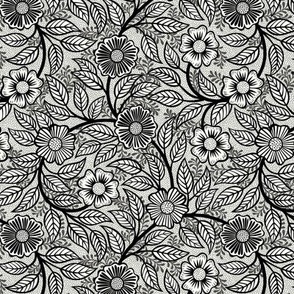 01 Soft Spring- Victorian Floral-Black  on Off White- Climbing Vine with Flowers-Petal Signature Solids Coordinate- Black and White- Natural- Neutral- William Morris Wallpaper- Mini
