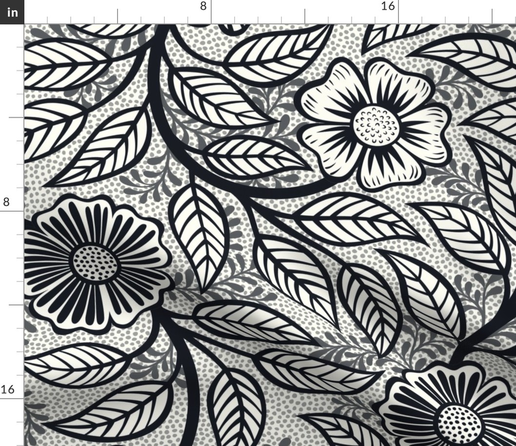 02 Soft Spring- Victorian Floral- Graphite on Off White- Climbing Vine with Flowers- Petal Signature Solids - Black and White- Natural- Neutral- William Morris Wallpaper- Extra Large