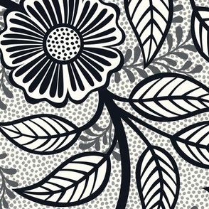 02 Soft Spring- Victorian Floral- Graphite on Off White- Climbing Vine with Flowers- Petal Signature Solids - Black and White- Natural- Neutral- William Morris Wallpaper- Large