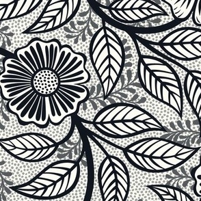02 Soft Spring- Victorian Floral- Graphite on Off White- Climbing Vine with Flowers- Petal Signature Solids - Black and White- Natural- Neutral- William Morris Wallpaper- Medium