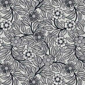 02 Soft Spring- Victorian Floral- Graphite on Off White- Climbing Vine with Flowers- Petal Signature Solids - Black and White- Natural- Neutral- William Morris Wallpaper- Mini