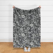 02 Soft Spring- Victorian Floral- Off White on Graphite- Climbing Vine with Flowers- Petal Signature Solids - Black and White- Natural- Neutral- Nursery Wallpaper- William Morris Inspired- Extra Large