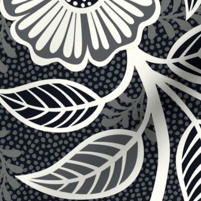 02 Soft Spring- Victorian Floral- Off White on Graphite- Climbing Vine with Flowers- Petal Signature Solids - Black and White- Natural- Neutral- Nursery Wallpaper- William Morris Inspired- Extra Large